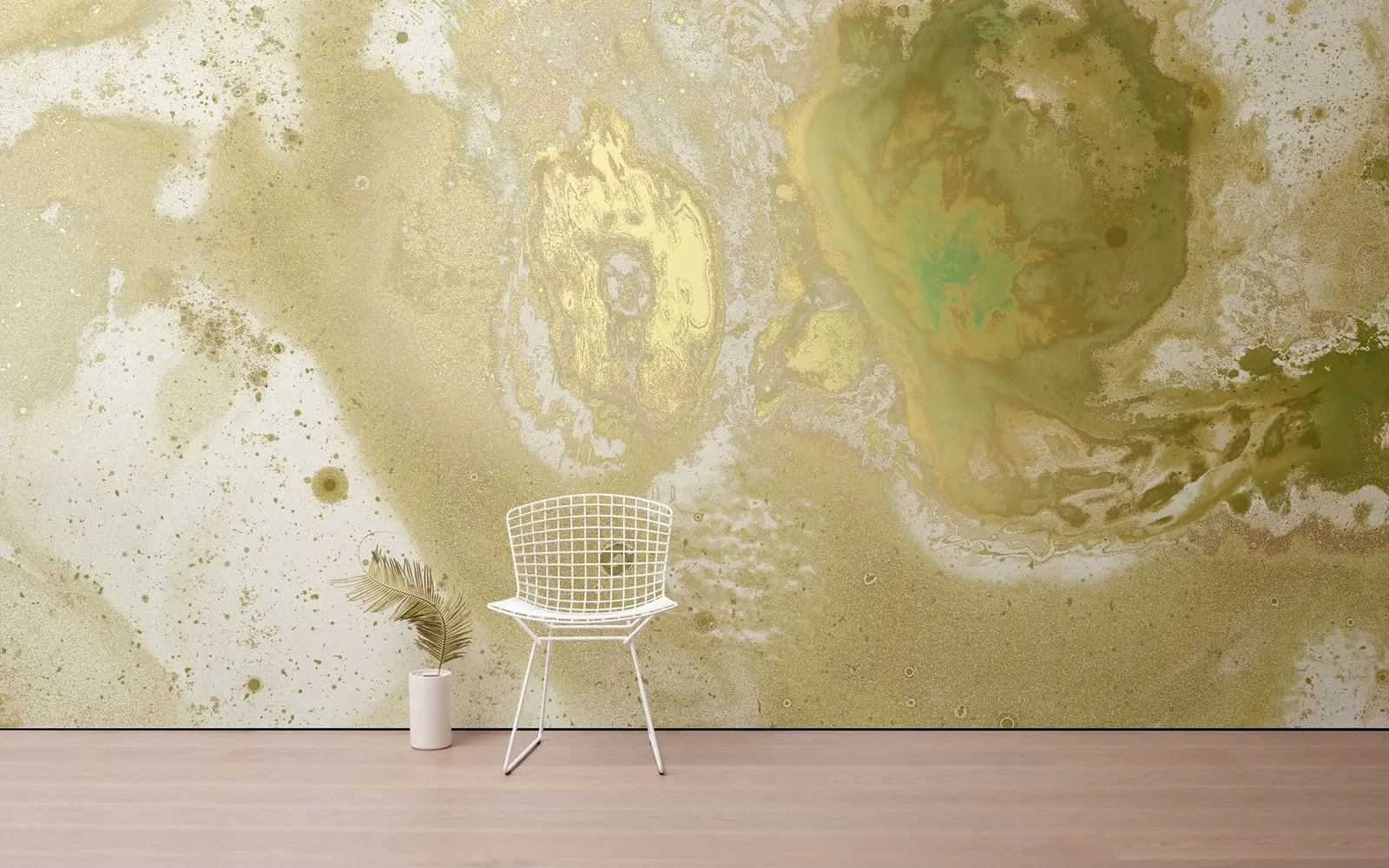 Gold and green marbled mural wallcovering behind a wire chair