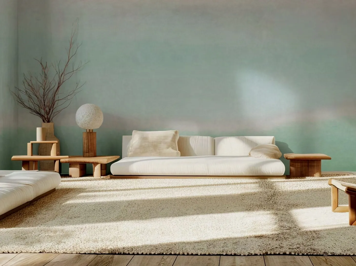 Low daybeds and cream rug before a soft teal landscape mural