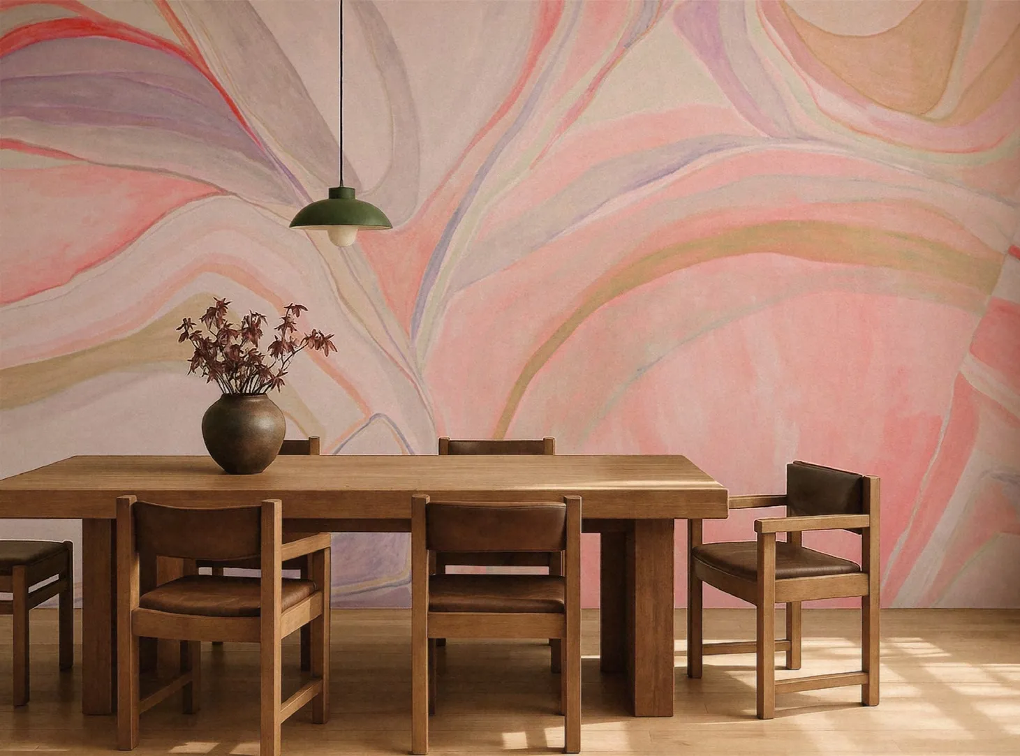 Wooden dining table before a pink abstract mural