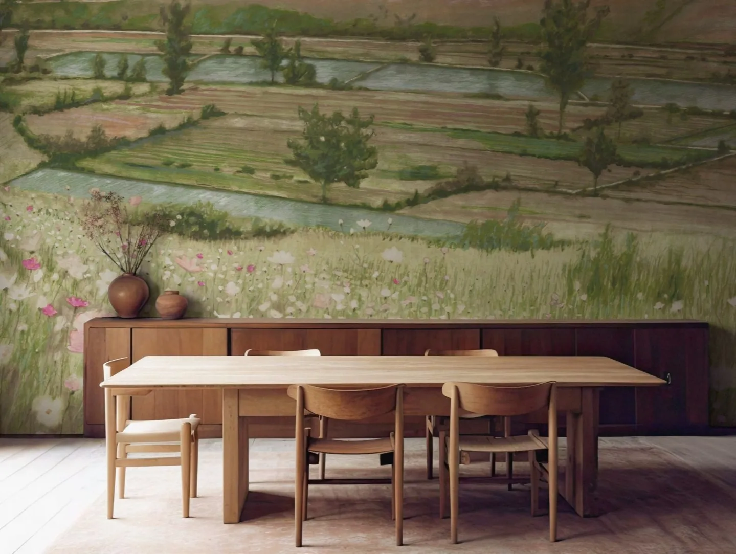 Wooden dining table before a terraced landscape mural