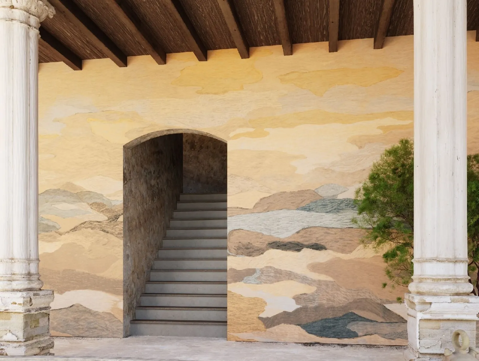 Painted landscape mural around an arched stairway in a colonnade