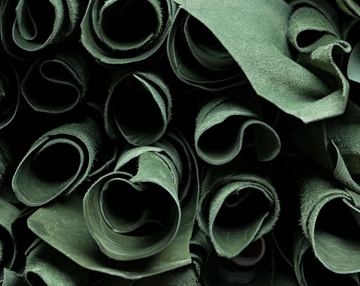 Close-up of rolled deep green leather